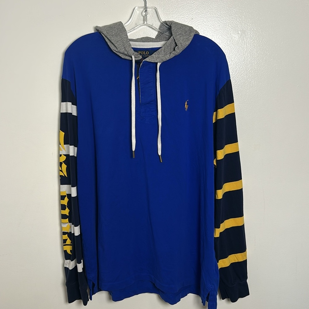 Polo Ralph Lauren Men’s Graphic Print Rugby Hoodie Royal Blue Striped Sleeves XL - Picture 2 of 15